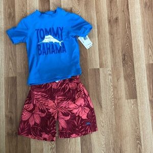 Brand new Tommy Bahama rash guard and swim trunks